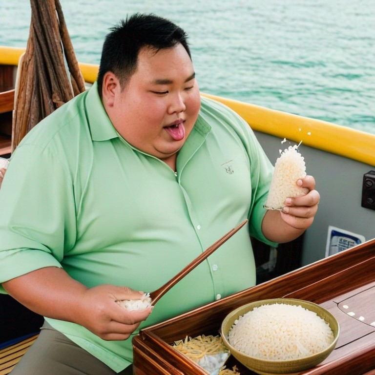 Fat guy on a boat eating rice