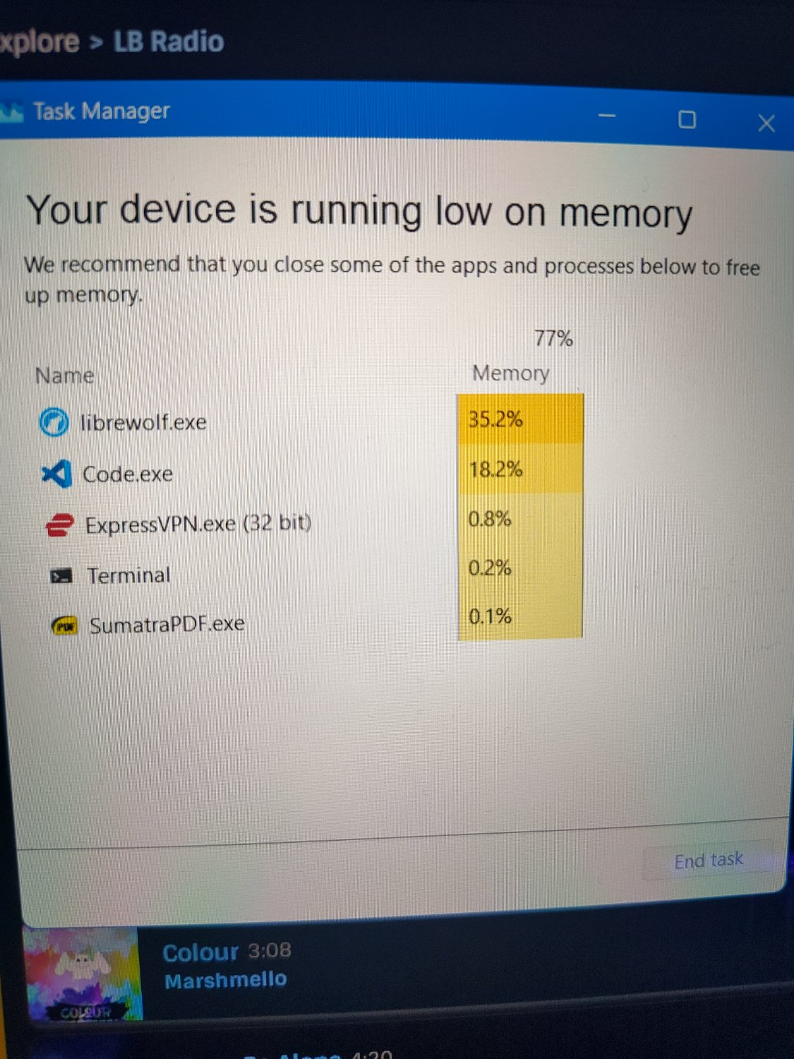 Simplified Task Manager saying the memory is running out
